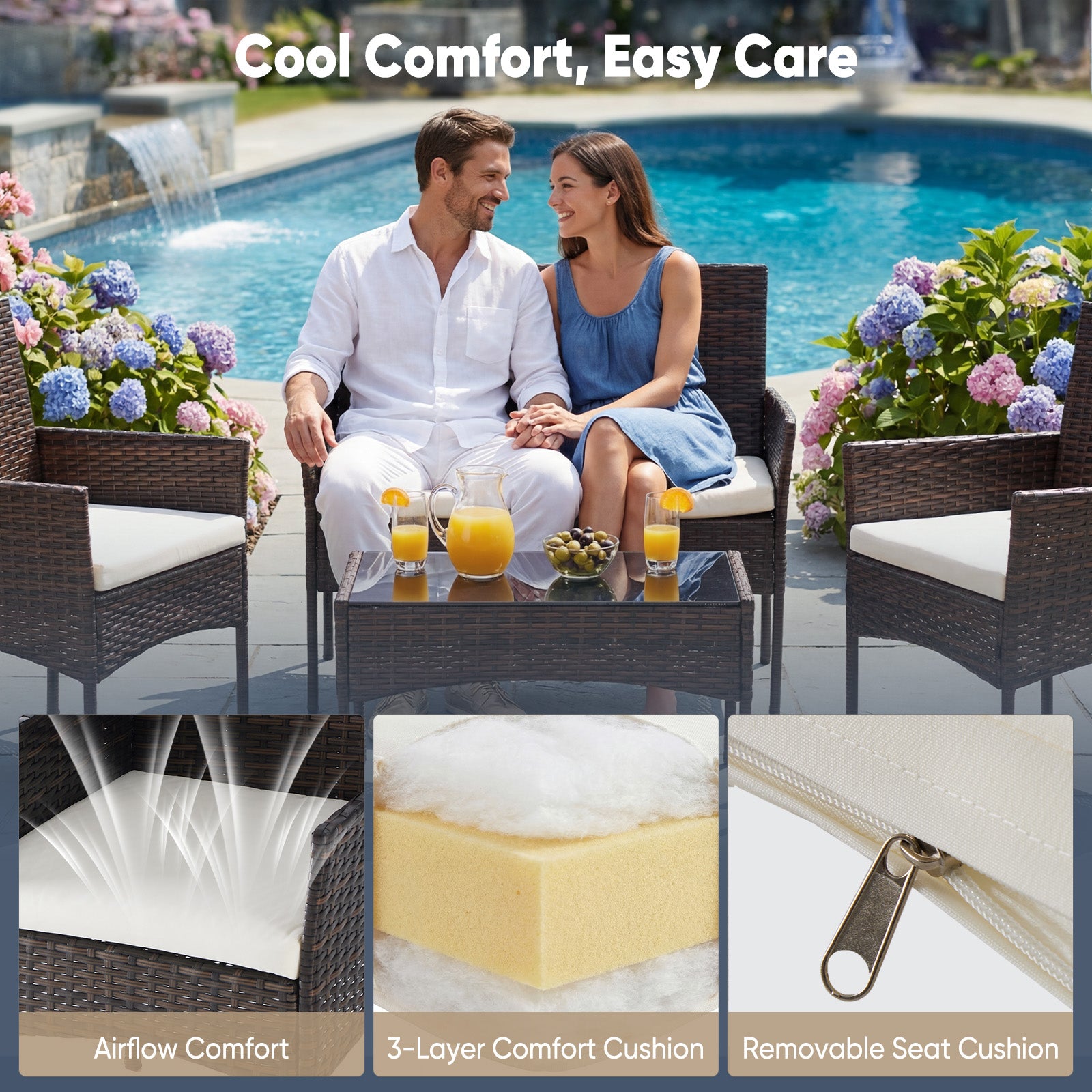 Three-piece Garden Furniture Set, Woven Outdoor Polyethylene Rattan Furniture, Equipped With A Coffee Table And Washable Cushions - Novari