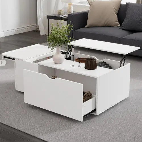 Lift Up Coffee Table, Coffee Table With Drawer, Wooden Tea Tables Sofa End Tables For Living Room Furniture , White - Novari
