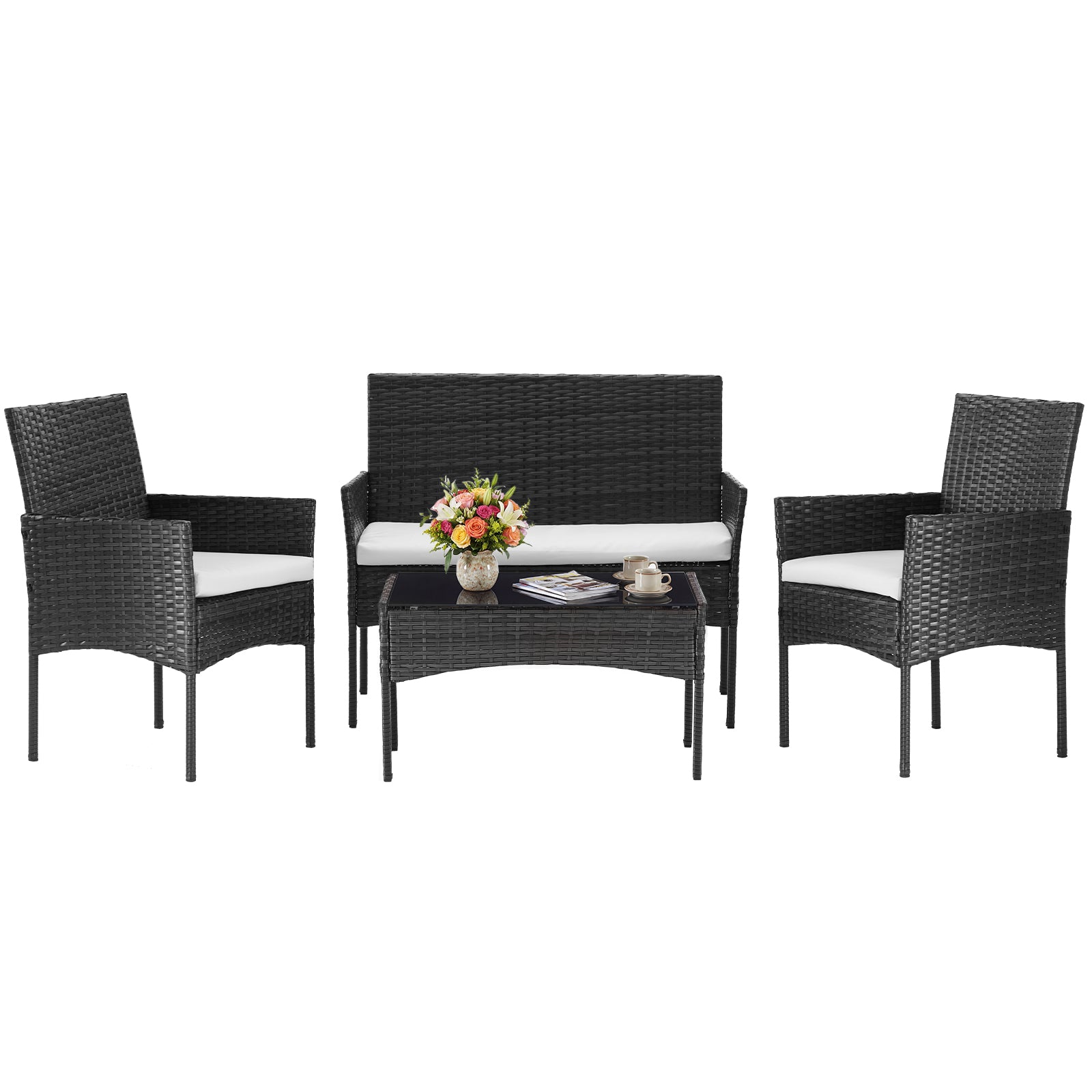 Three-piece Garden Furniture Set, Woven Outdoor Polyethylene Rattan Furniture, Equipped With A Coffee Table And Washable Cushions - Novari