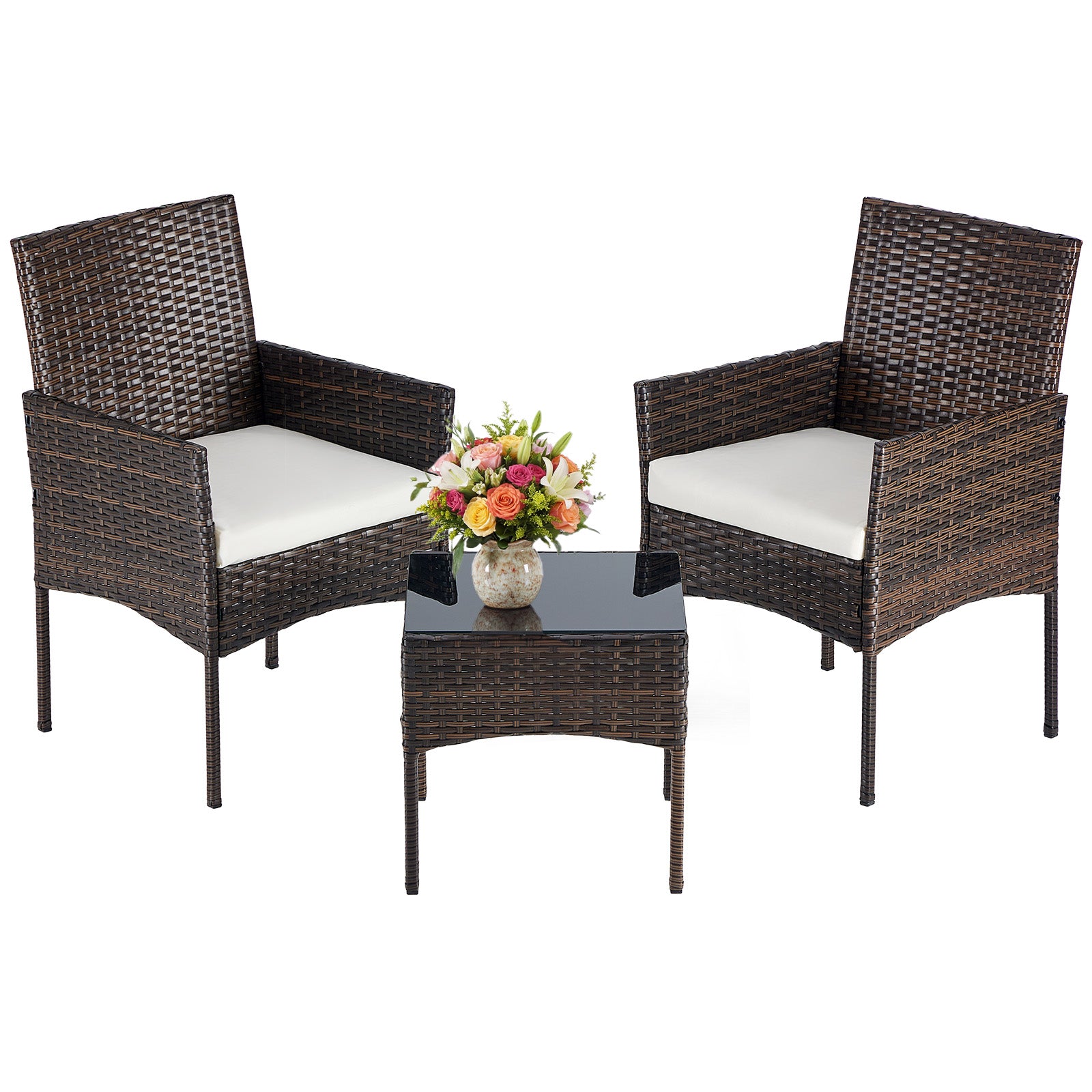 Three-piece Garden Furniture Set, Woven Outdoor Polyethylene Rattan Furniture, Equipped With A Coffee Table And Washable Cushions - Novari
