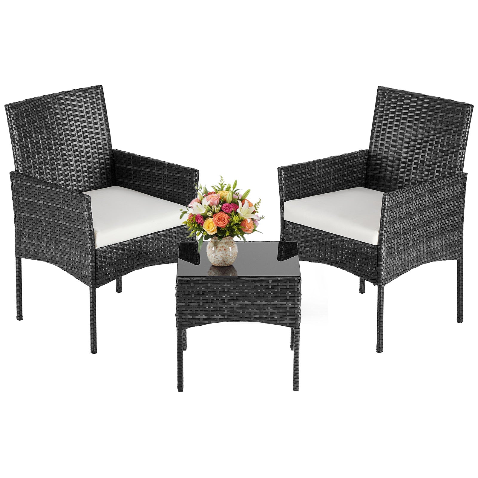Three-piece Garden Furniture Set, Woven Outdoor Polyethylene Rattan Furniture, Equipped With A Coffee Table And Washable Cushions - Novari