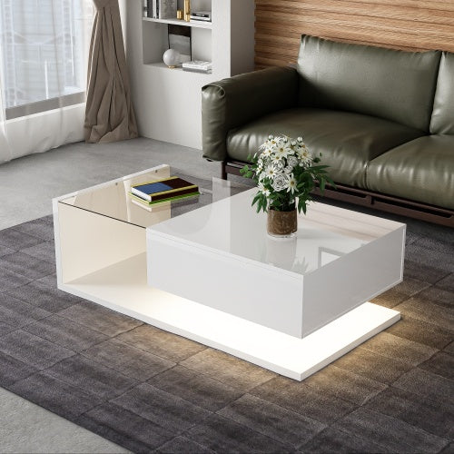 Coffee Table, High-gloss White. Side Tables, Coffee Tables With Glass And LED - Novari
