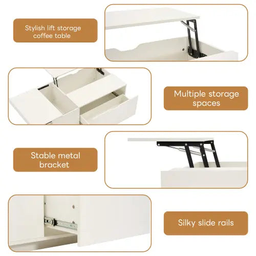 Lift Up Coffee Table, Coffee Table With Drawer, Wooden Tea Tables Sofa End Tables For Living Room Furniture , White - Novari