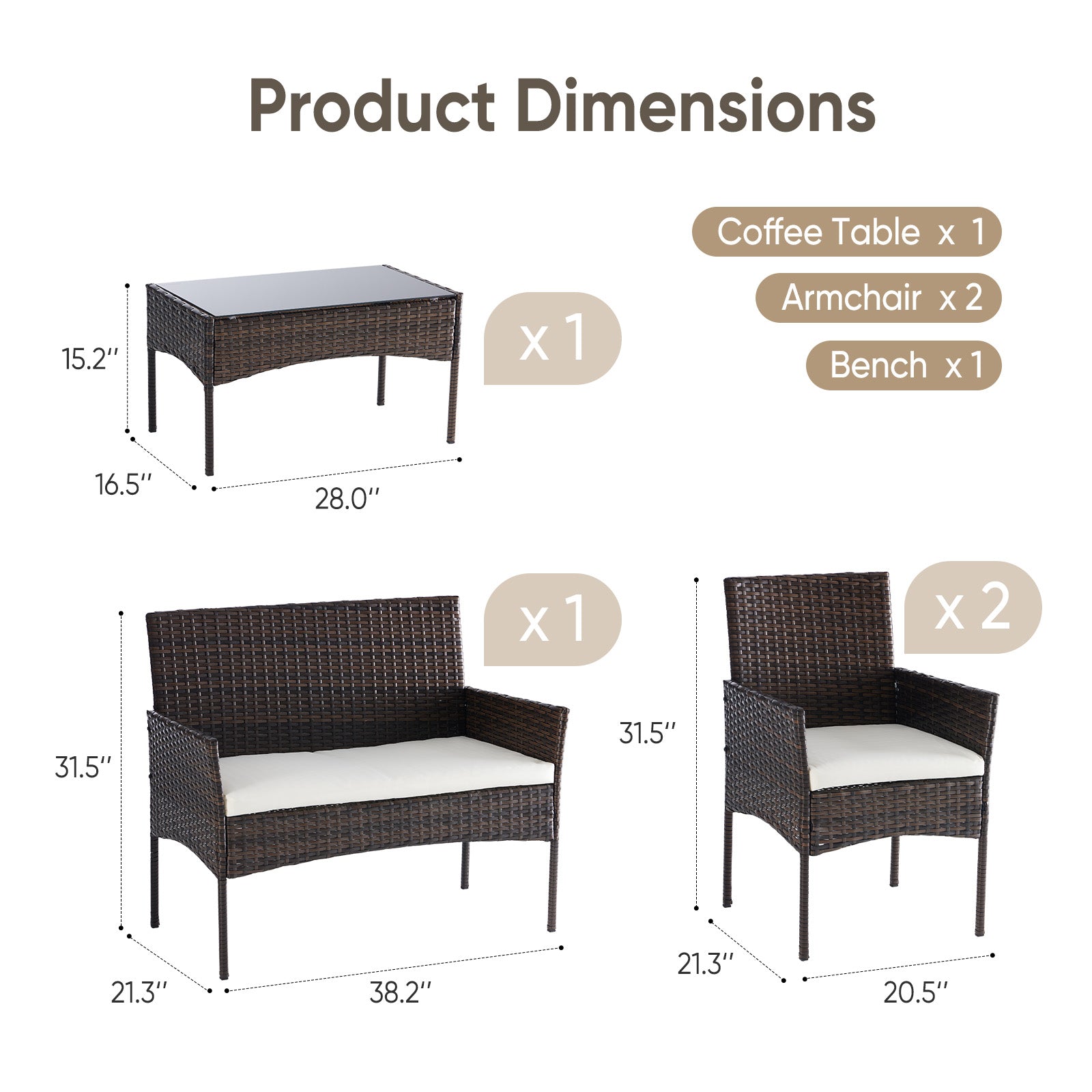 Three-piece Garden Furniture Set, Woven Outdoor Polyethylene Rattan Furniture, Equipped With A Coffee Table And Washable Cushions - Novari