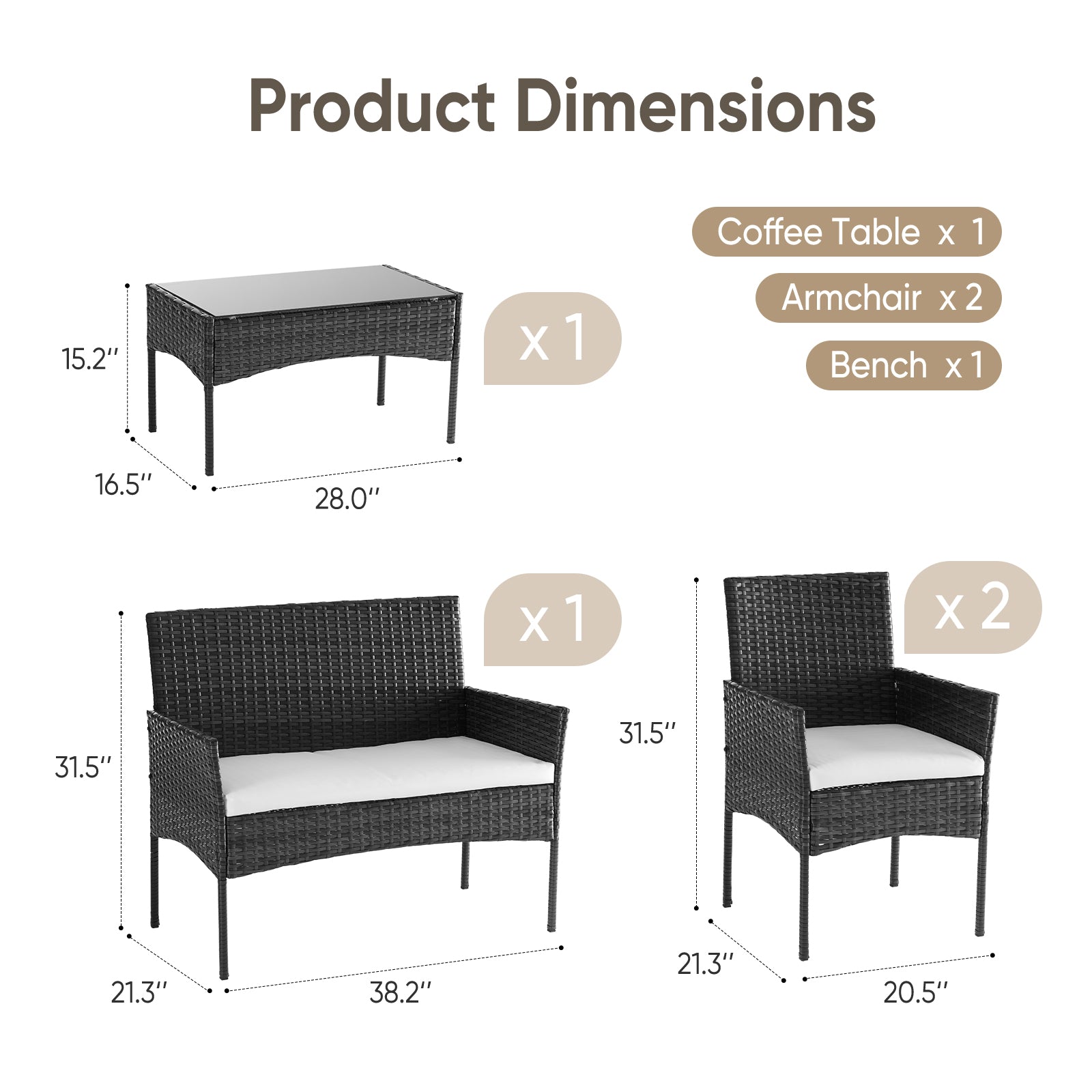 Three-piece Garden Furniture Set, Woven Outdoor Polyethylene Rattan Furniture, Equipped With A Coffee Table And Washable Cushions - Novari