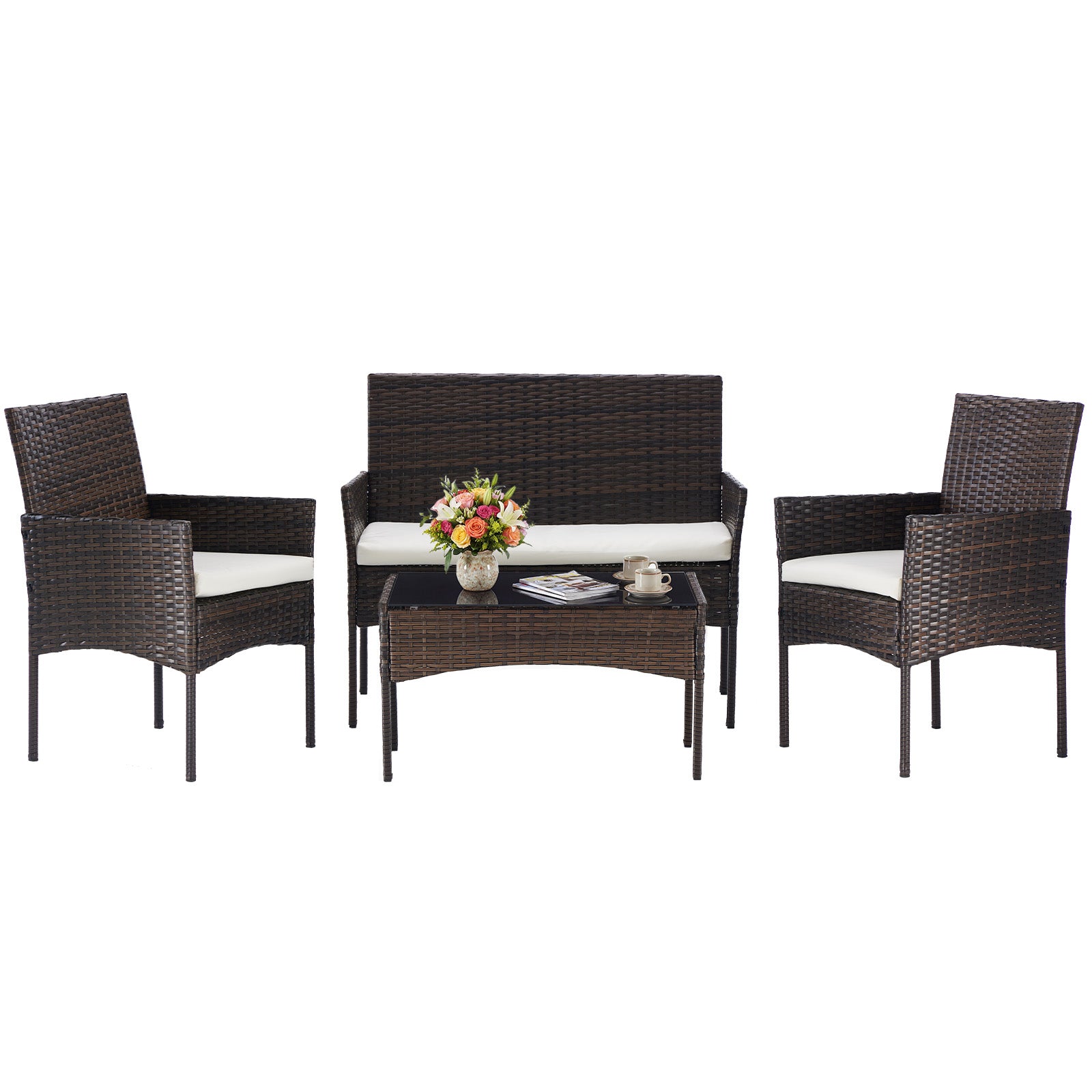 Three-piece Garden Furniture Set, Woven Outdoor Polyethylene Rattan Furniture, Equipped With A Coffee Table And Washable Cushions - Novari