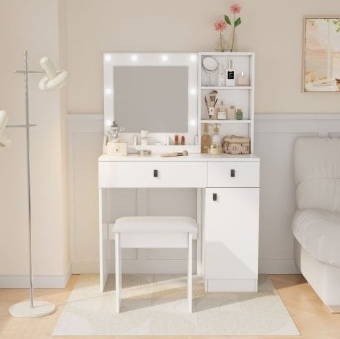 Vanity Desk With Lights, Vanity Set With Mirror, Makeup Vanity Desk With Large Drawers  Three Level Storage Dreeser, VanitysVanities With 3 Lights Brightness Adjustable For Bedroom, White - Novari