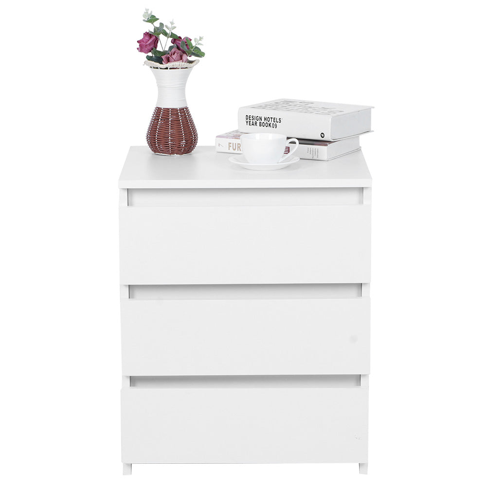 White Modern Bedside Table Cabinet Nightstand With 3 Storage Drawers Bedroom Furniture - Novari