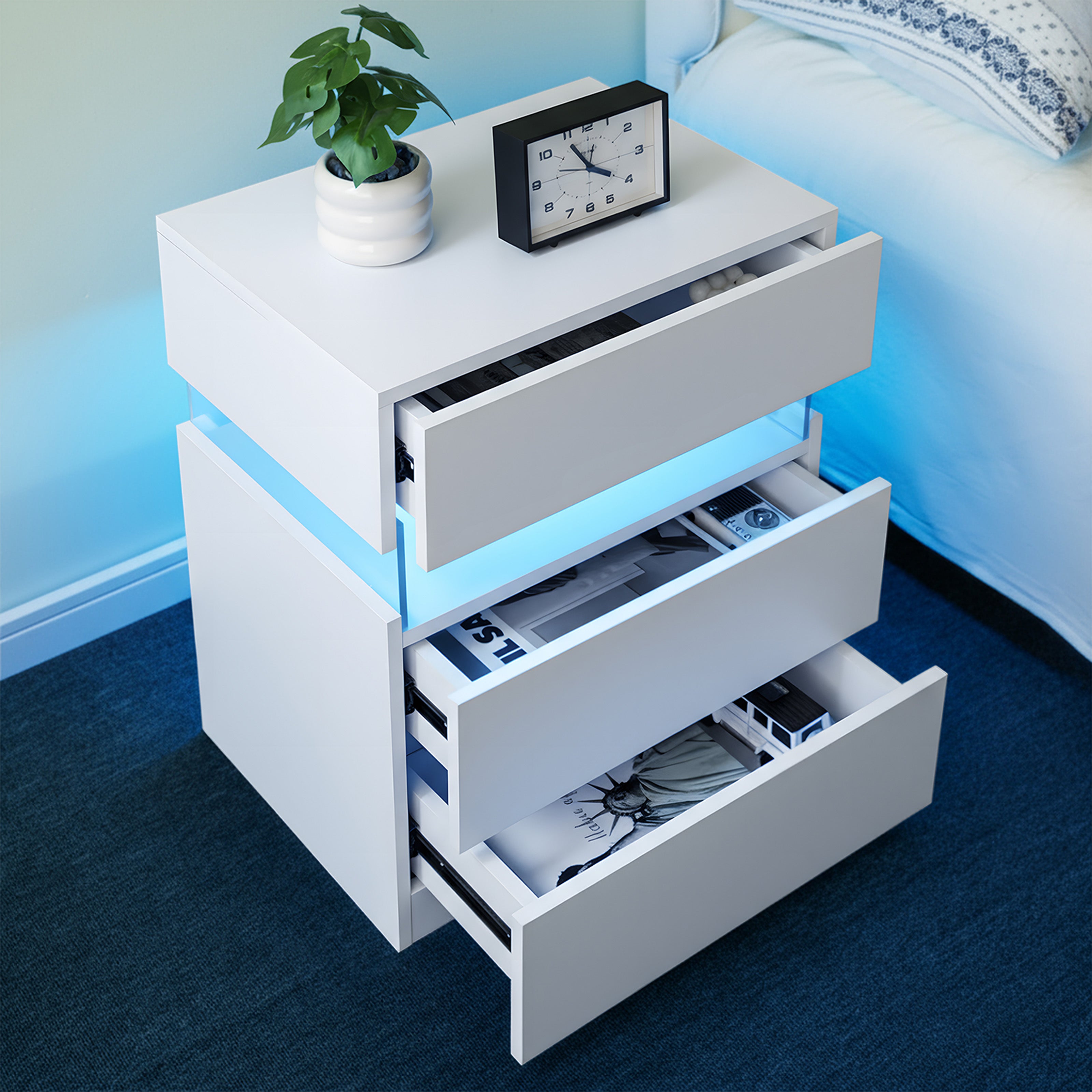 LED Nightstands 3 Drawer Dresser For Bedroom With 16RGB Color Lights,Bedside Tables For Living Room Bedside Furniture White - Novari
