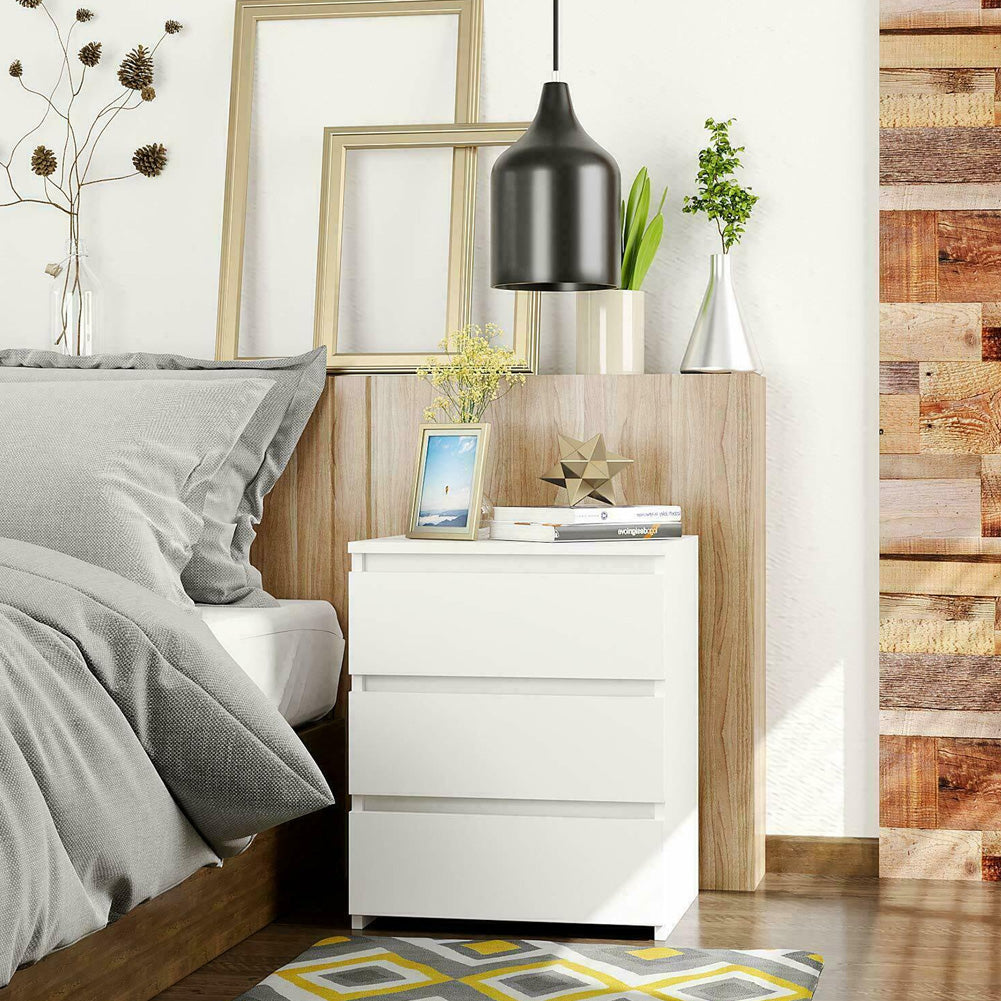 White Modern Bedside Table Cabinet Nightstand With 3 Storage Drawers Bedroom Furniture - Novari