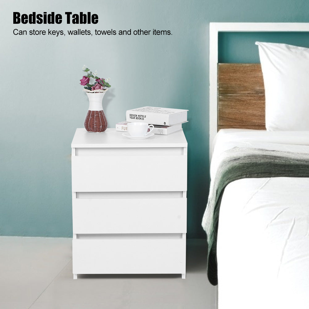White Modern Bedside Table Cabinet Nightstand With 3 Storage Drawers Bedroom Furniture - Novari